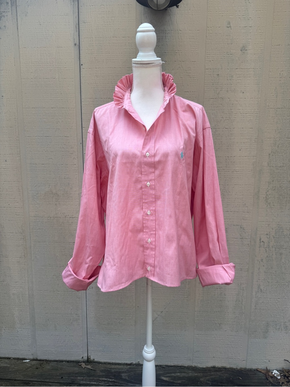 Ralph Lauren Pink Refashioned Cropped Ruffled Collar Button-Down Shirt
